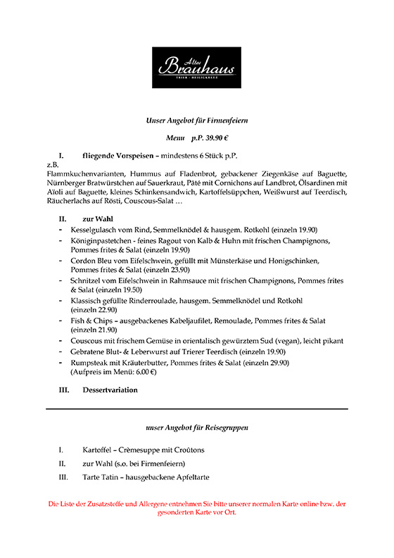 Angebot Feiern und Reisegruppen Brauhaus Trier